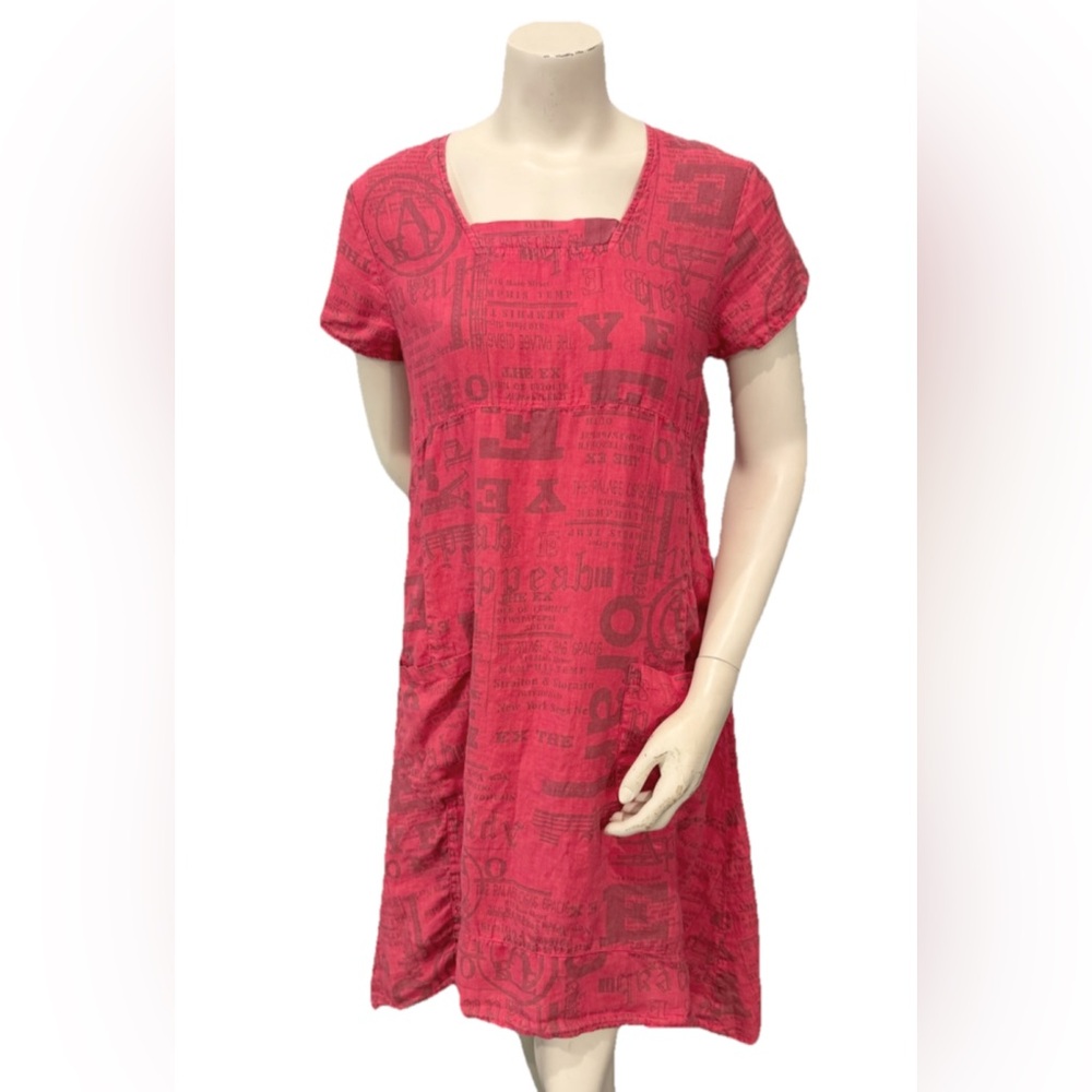 Ellamoda.GR Linen Dress Women S Red Graphic Print Pocket Boho Artsy Tunic